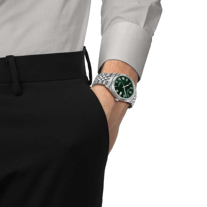 Simulation of the watch Tissot Ballade 39mm on a wrist, reference T156.408.11.093.00