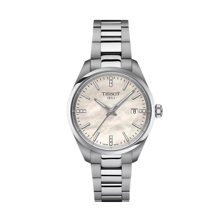 Tissot PR 100 34mm Quartz White Mother-Of-Pearl Dial Watch T150.210.11.116.00 – front view