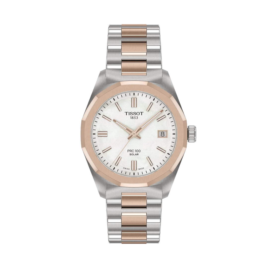 Tissot PRC 100 Solar 34mm Quartz White Mother-Of-Pearl Dial Watch T151.822.22.111.00 – front view