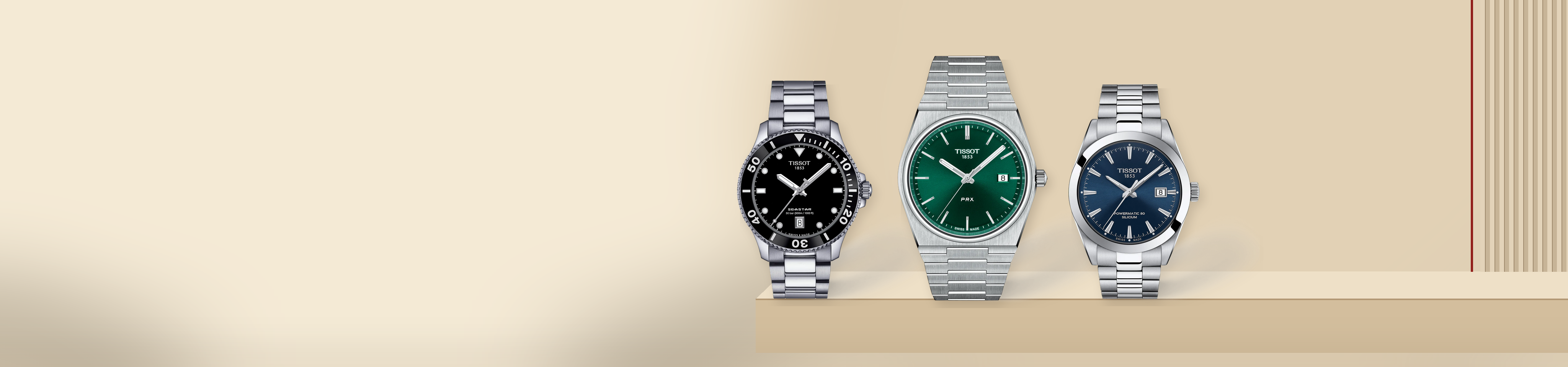 Tissot Seastar, PRX and Gentleman watches on a champagne studio backdrop