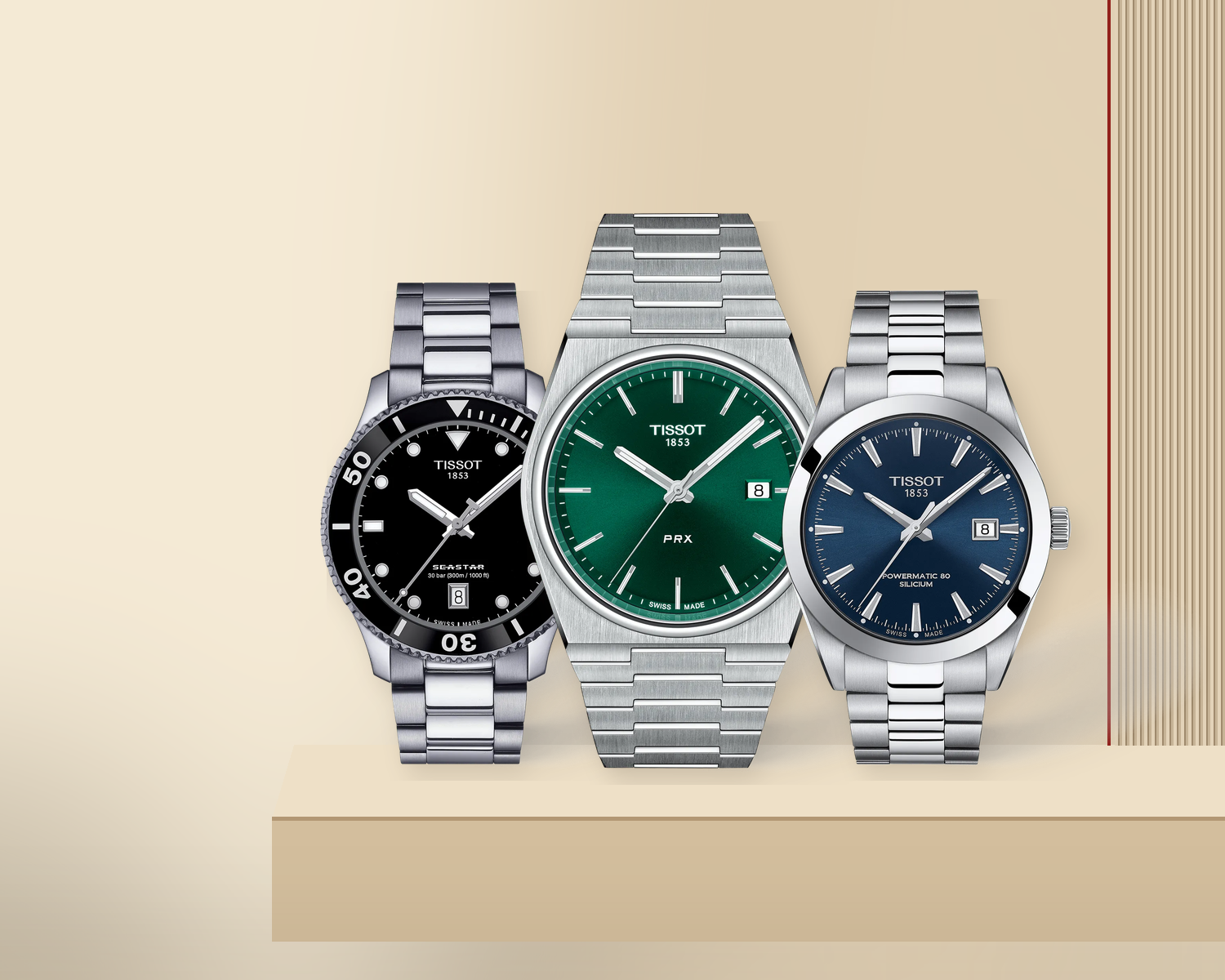 Tissot Seastar, PRX and Gentleman watches on a champagne studio backdrop