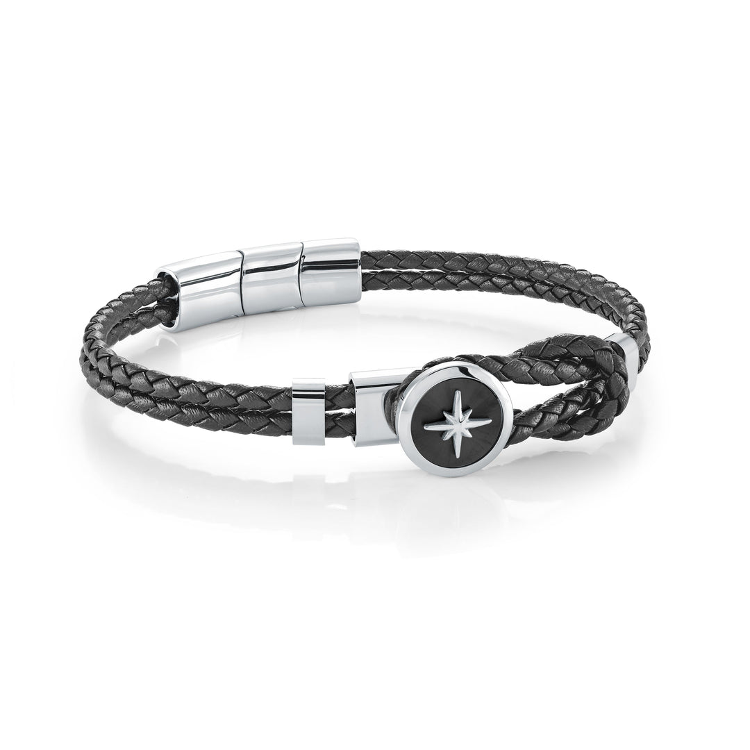 Italgem Steel North-Star Black Leather Bracelet — SLB667-BK