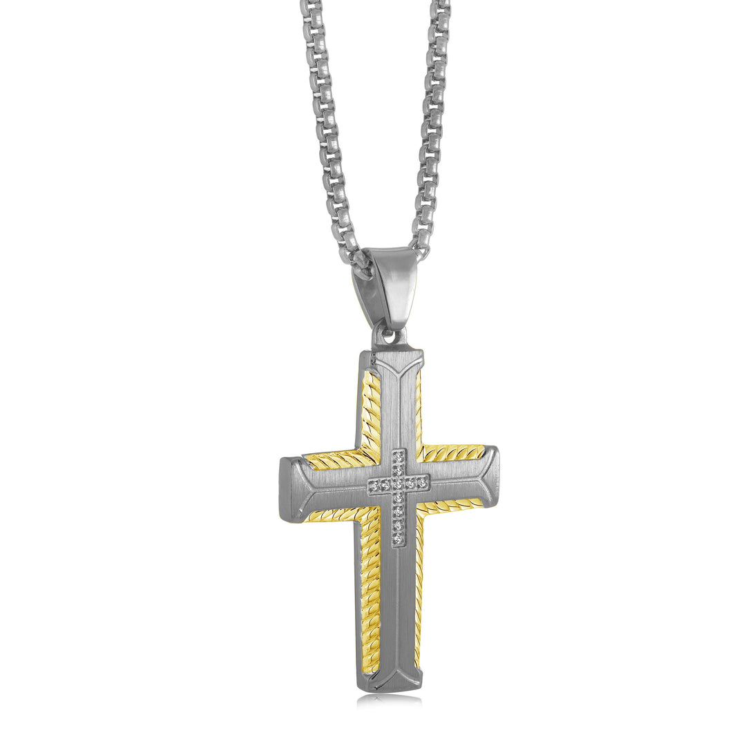 Italgem Steel Gold-Tone Studded Etch Two-Tone Etched Cross Pendant — SC213