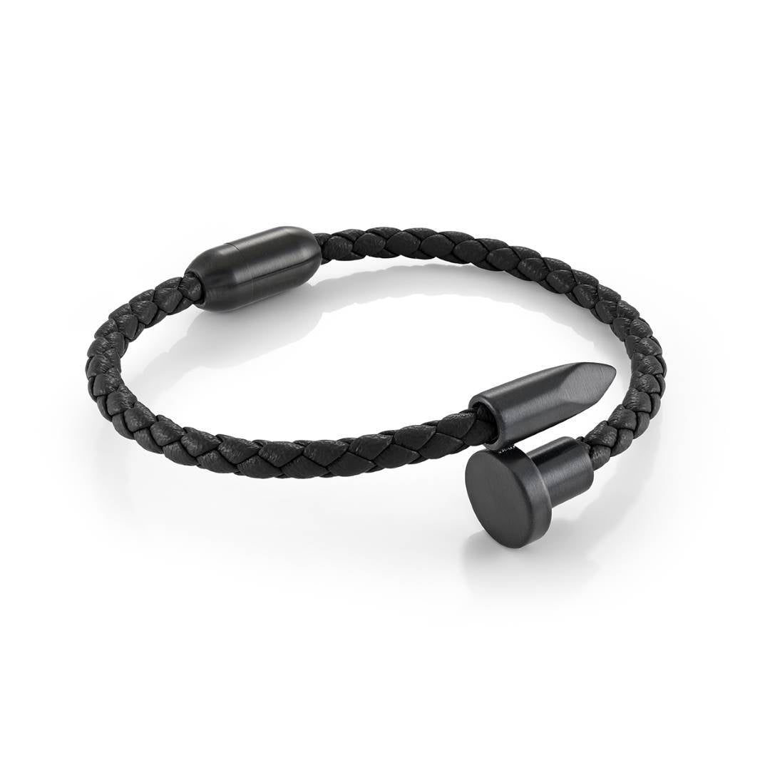 Italgem Steel Black Leather Nail Bangle — SLB684-8
