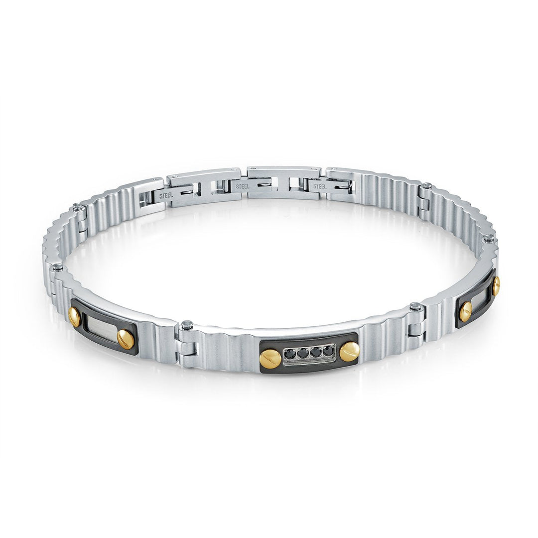 Italgem Steel Ribbed Black and Steel Bracelet with CZ Detail — SMB909