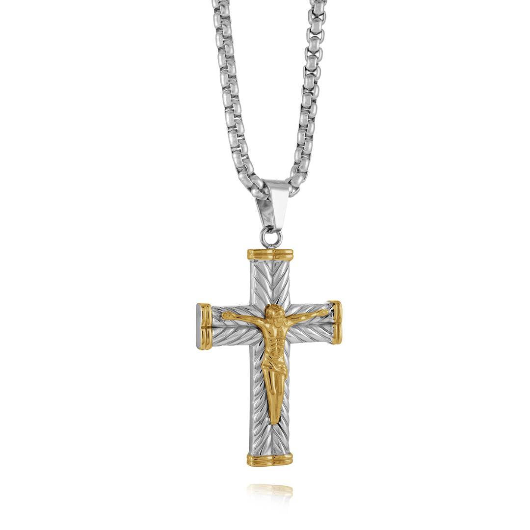 Italgem Steel Two-Tone Woven Crucifix Necklace — SC229
