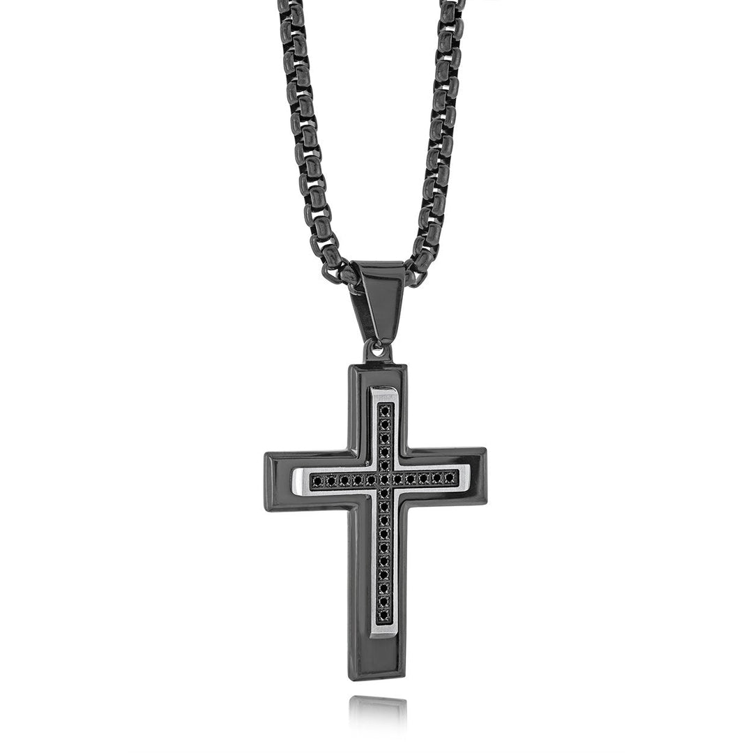 Italgem Steel Layered Black and Steel Cross with CZ — SC230