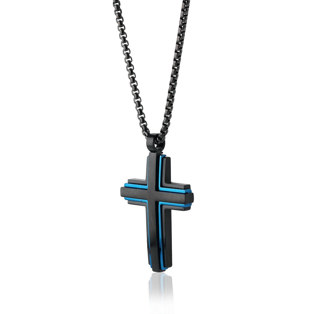 Italgem Steel Matte Black Cross Necklace with Blue Detail — SC97