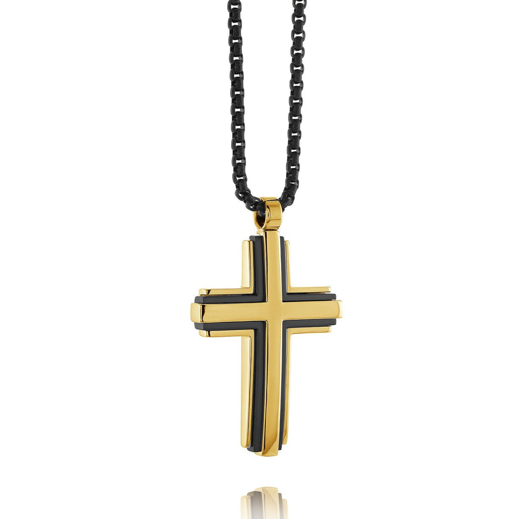 Italgem Steel Matte Black Cross Necklace with Blue Detail — SC97