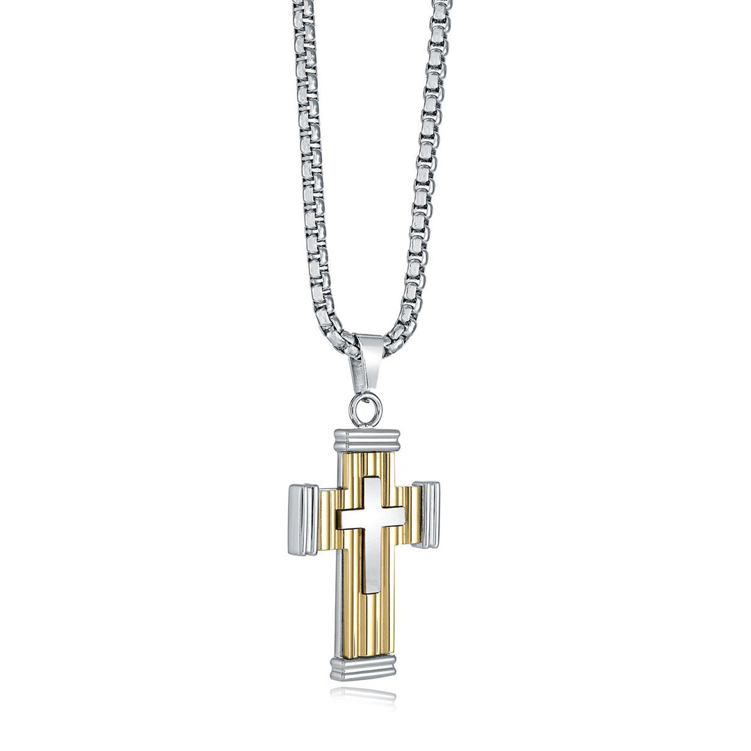 Italgem Steel Two-Tone Ribbed Double Cross Necklace — SC242