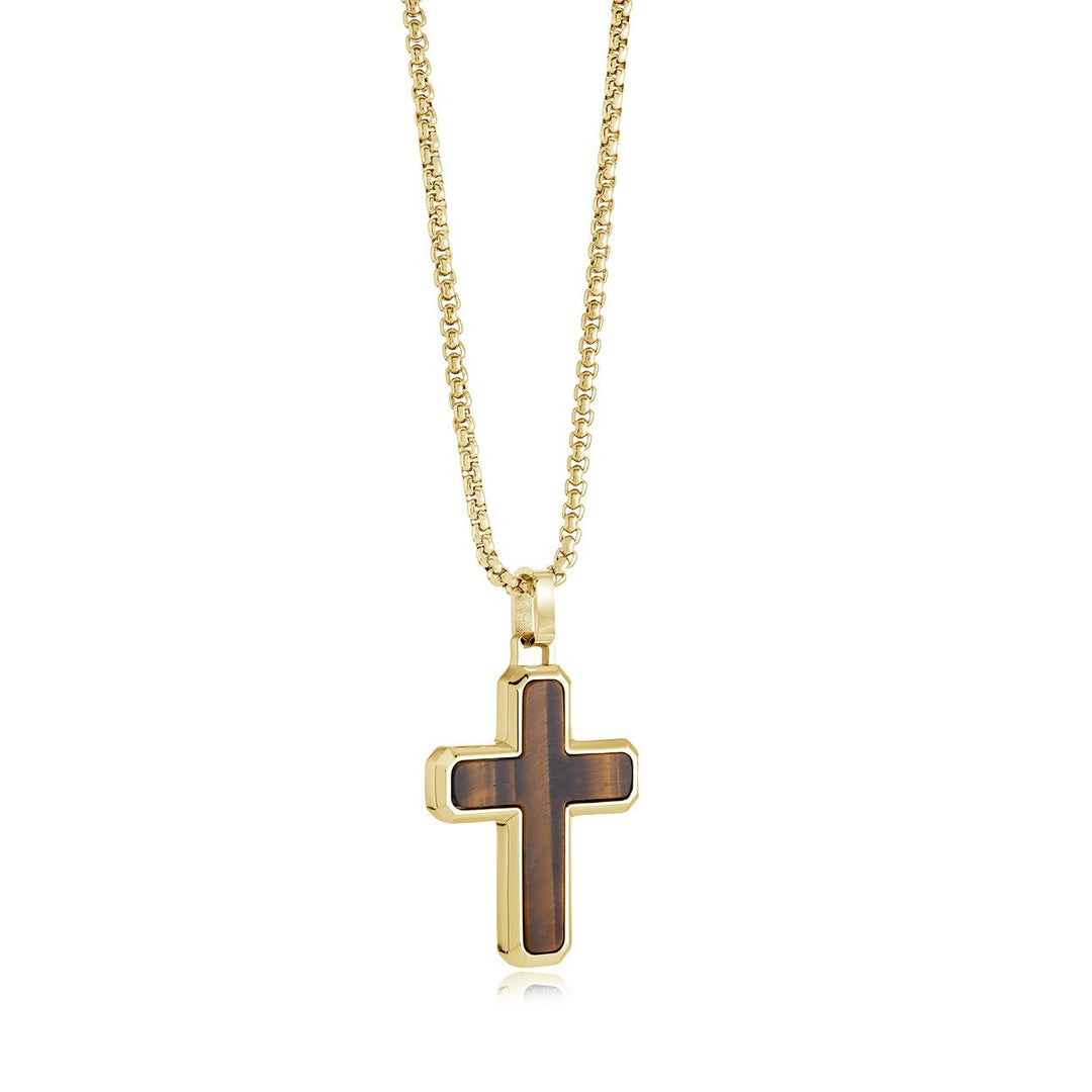 Italgem Steel Gold-Tone Tiger's Eye Cross Necklace — SC309-GO