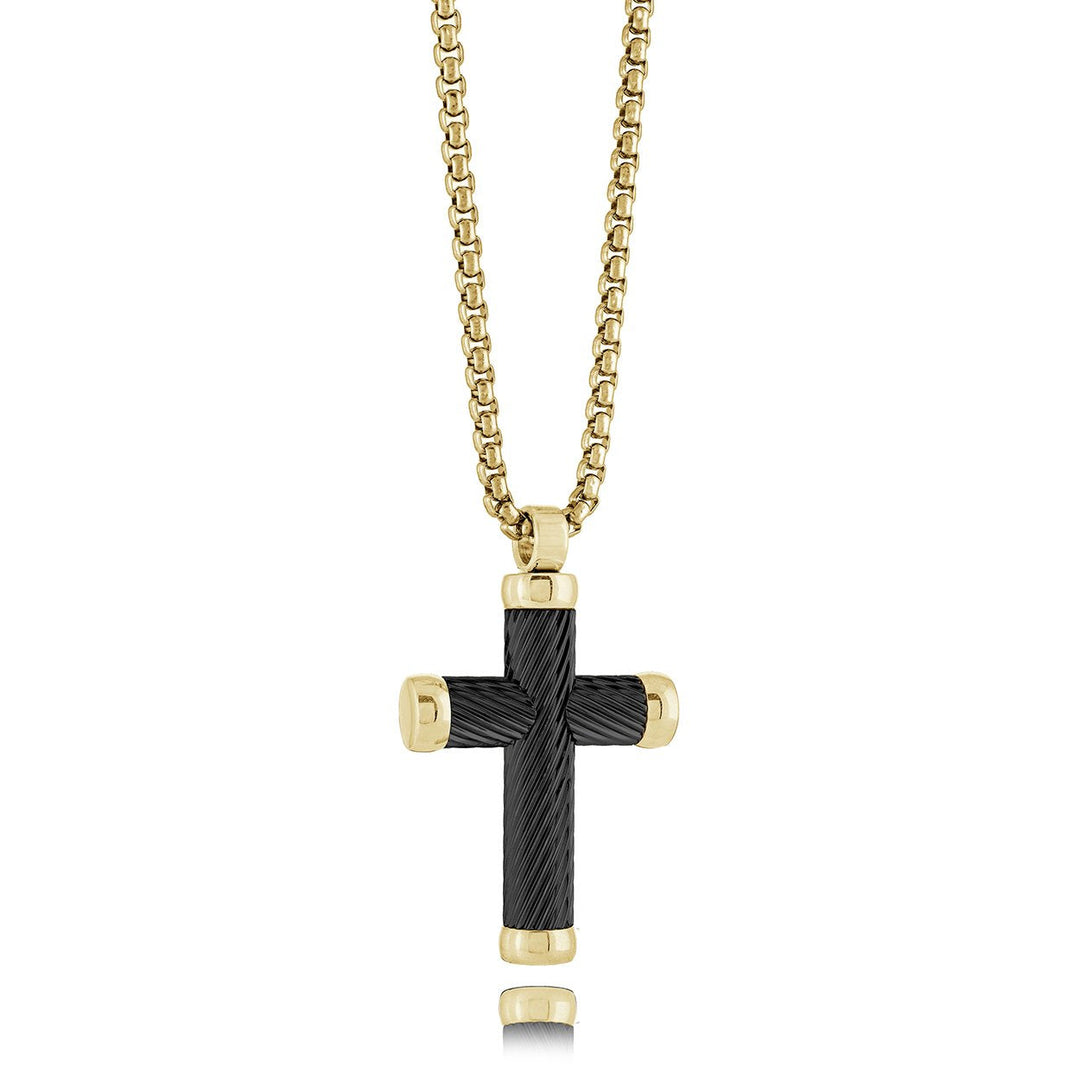 Italgem Steel Black and Gold-Tone Textured Cross Necklace — SC289