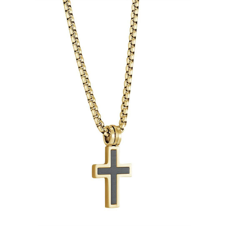 Italgem Steel Black-Inlay Cross Necklace — SC167-GO-18+2