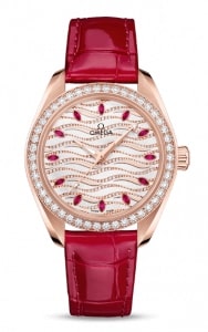 A ruby red women’s watch with diamond details from Omega.