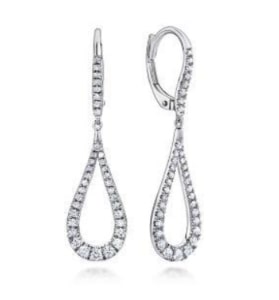 A pair of drop earrings from Gabriel & Co. adorned with round-cut diamonds.
