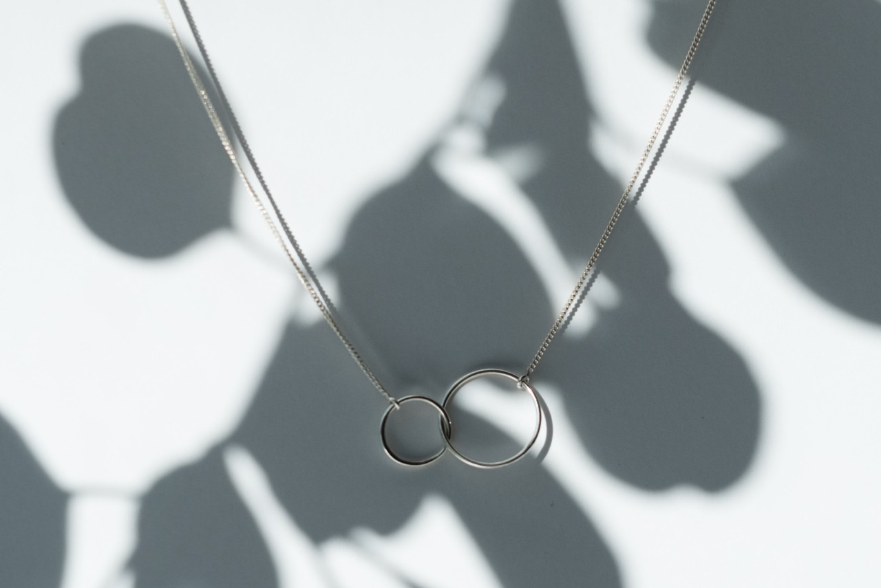 a silver necklace featuring two interlocking hoops on a fine chain